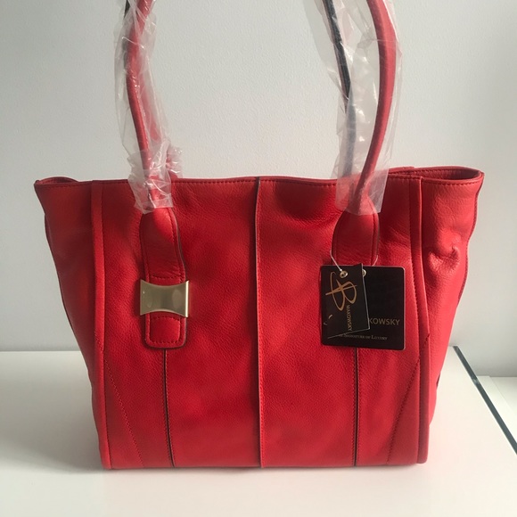 B.Makowsky Lipstick Red Golden Hardware Soft Genuine Leather Large Tote Bag - Picture 3 of 16